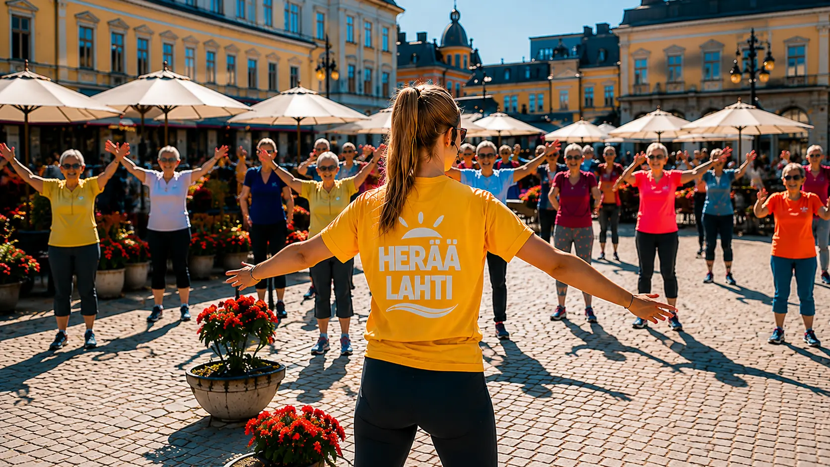 Iloinen ohjaaja liikuttaa ihmisiä torilla