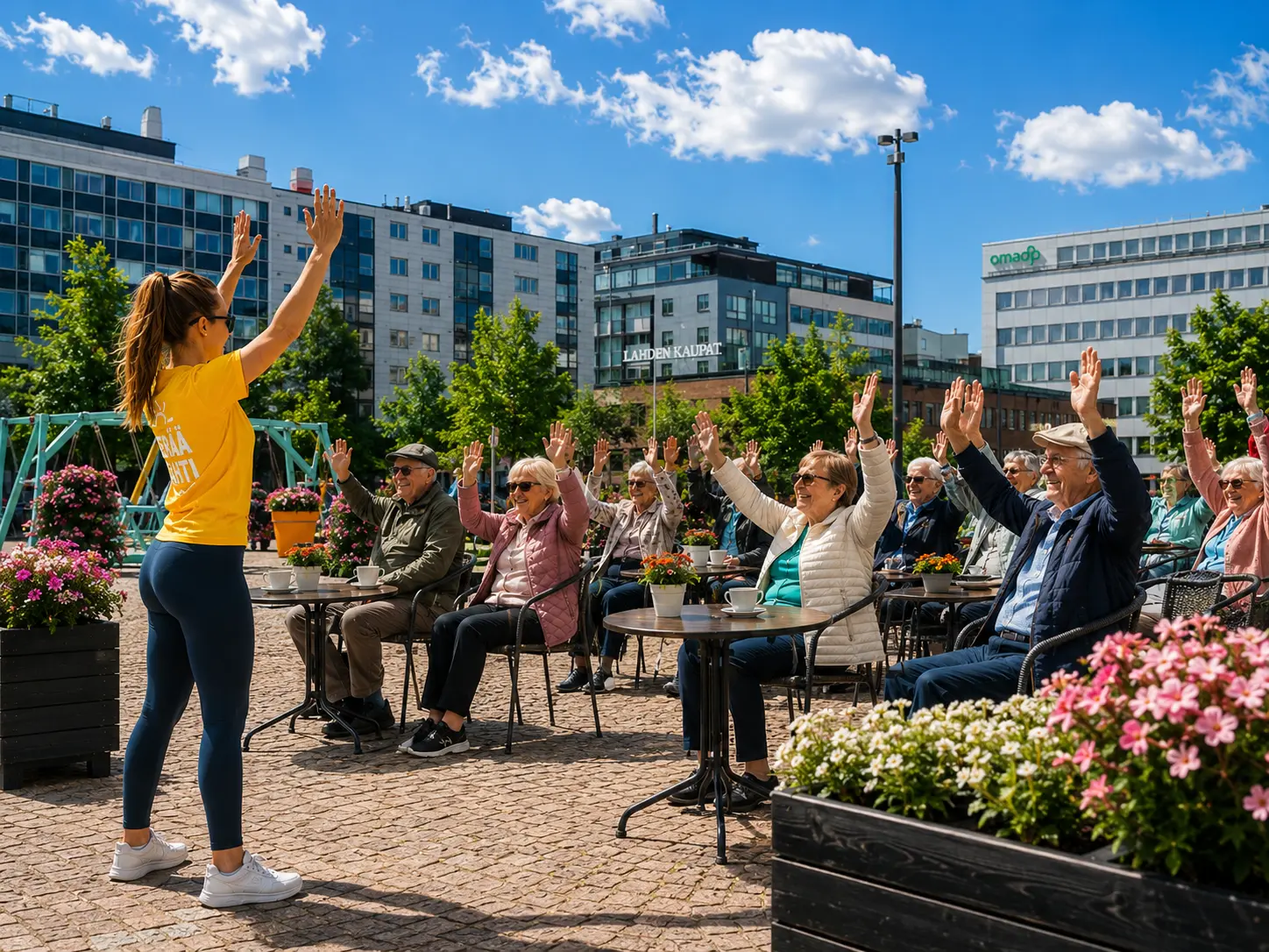 Herää Lahti -ohjaaja liikuttaa ihmisiä torilla
